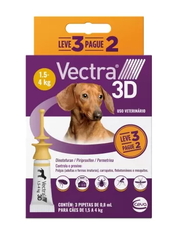 Combo Leve 3 Pague 2 Antipulgas, Carrapatos e Repelente Ceva Vectra 3D para Cães de 1,5 a 4 Kg 0,8 ml